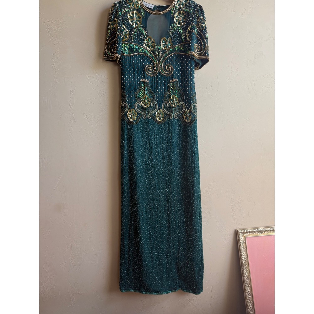 80/90s Laurence Kazar green and gold embellished beaded gown‎ M